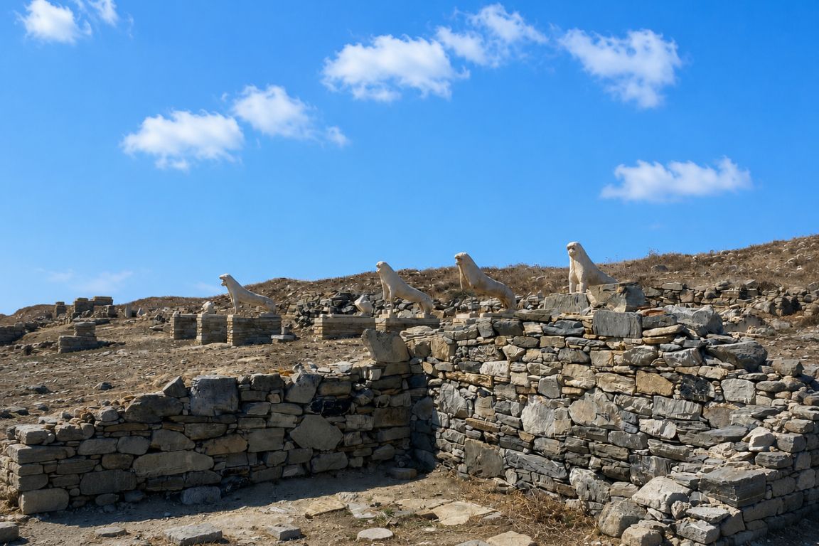 Ancient Lion Terrace at the Archaeological Site of Delos explored during a guided historical tour with Mykonos Tours