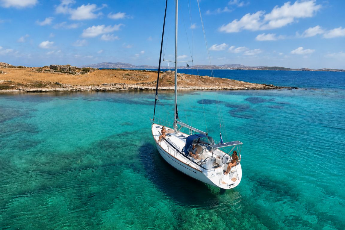 Catamaran sailing in crystal-clear turquoise waters near Mykonos with guests relaxing on board during a luxury boat tour with Mykonos Tours