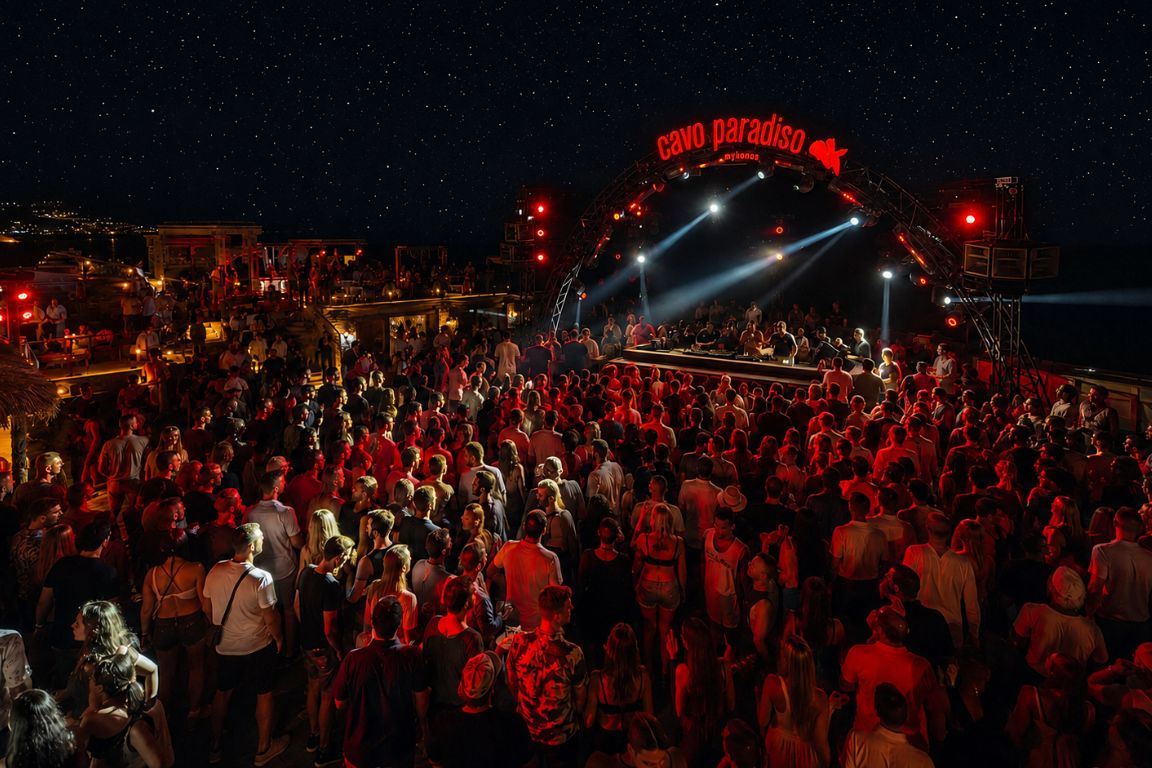 Crowd enjoying a live DJ performance at Cavo Paradiso nightclub in Mykonos during a nightlife experience with Mykonos Tours