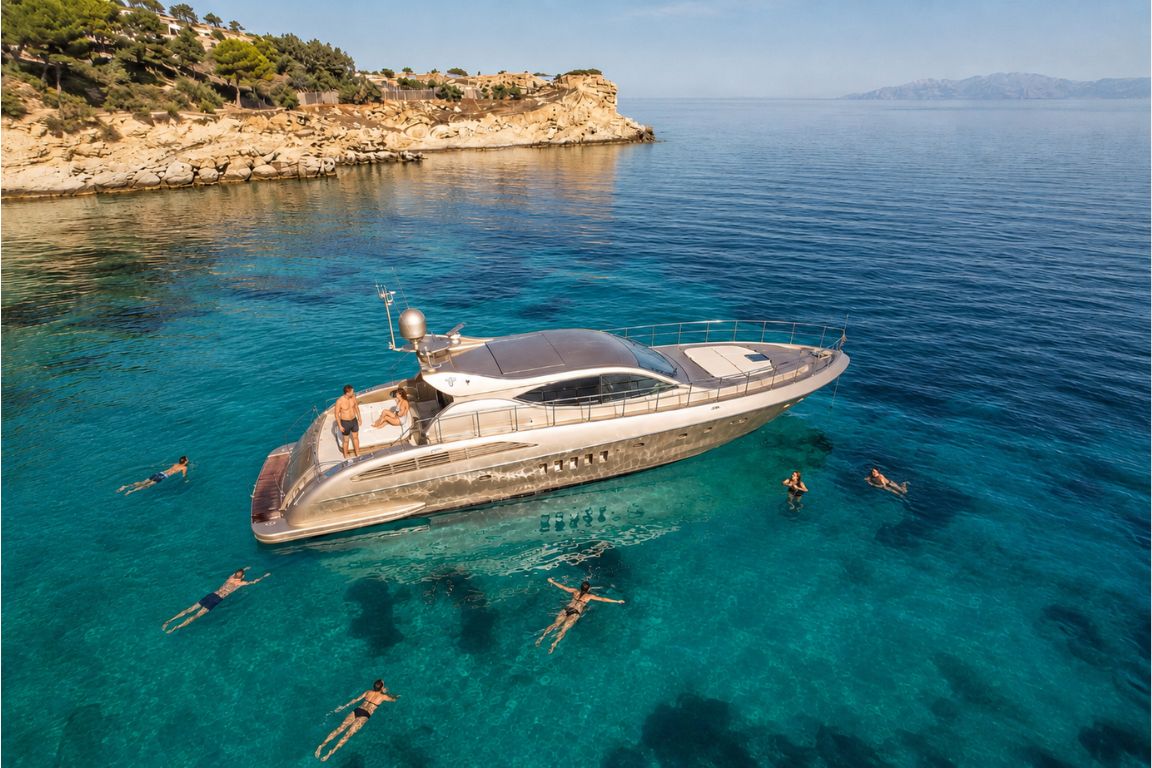 Aerial view of a luxury yacht surrounded by guests snorkeling and swimming in the clear Aegean Sea during a private Mykonos Tours experience