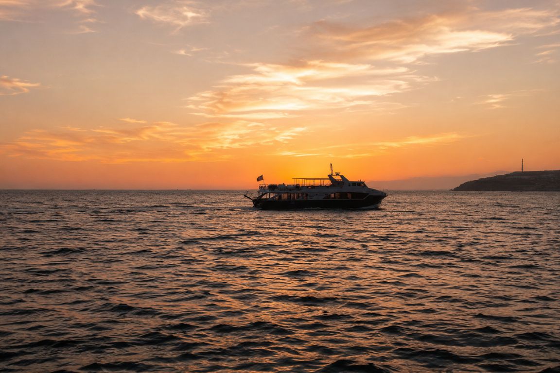 Golden sunset over the Aegean Sea with a MYK Boat Club yacht sailing along the horizon during a tour with Mykonos Tours