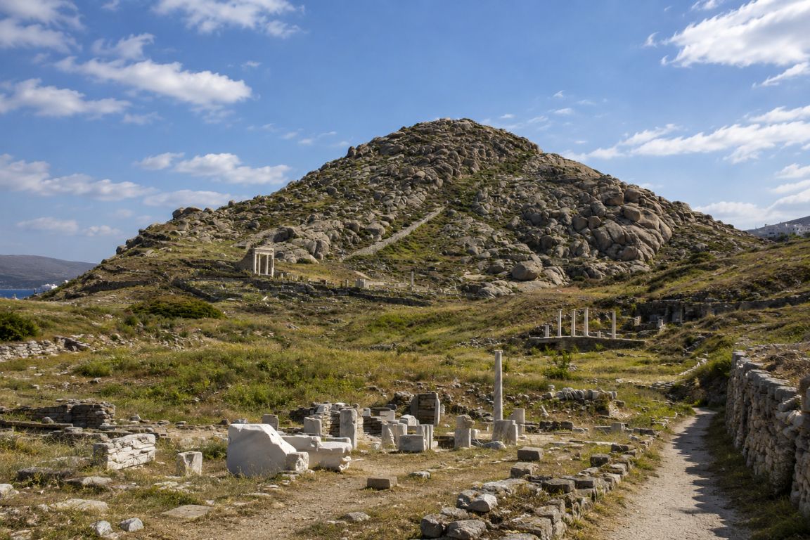 Mount Kynthos rising above the archaeological remains of Delos, visited during a cultural day trip with Mykonos Tours