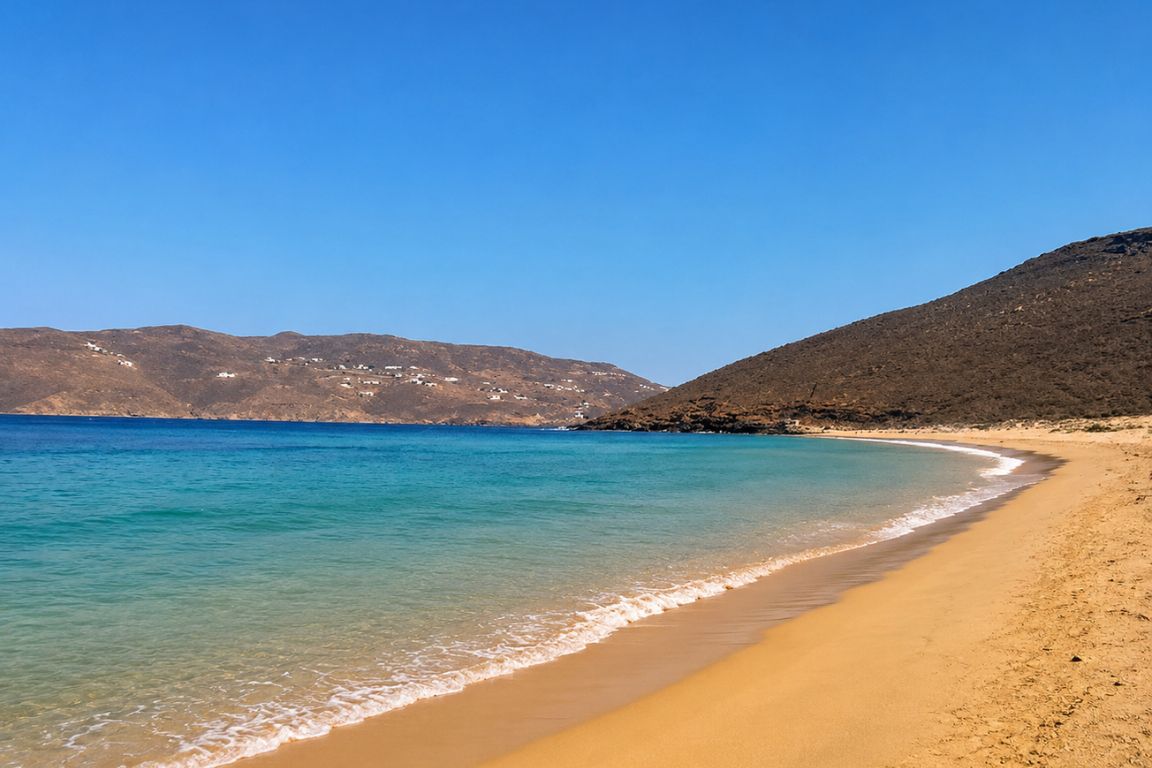 Peaceful Panormos Beach with golden sand and crystal-clear Aegean Sea waters visited during a Mykonos Tours island excursion