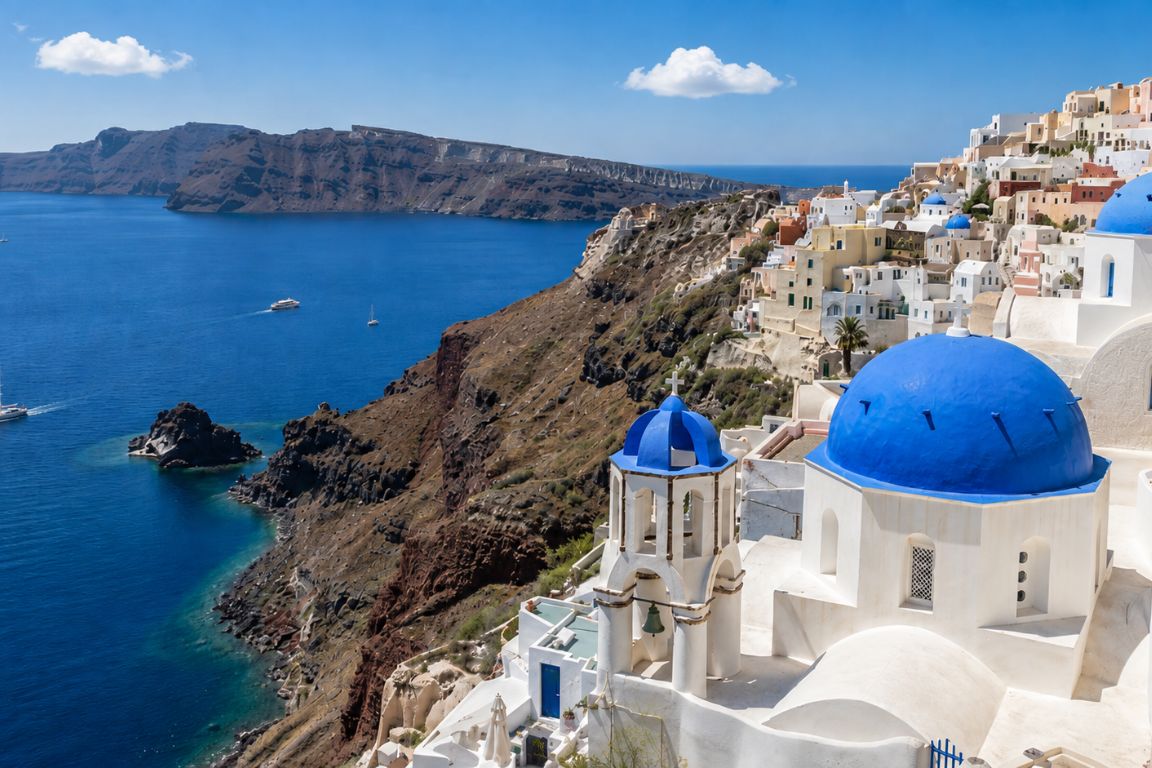Scenic panorama of Santorini featuring blue church domes, white architecture, and dramatic coastal cliffs visited during a Mykonos Tours day trip