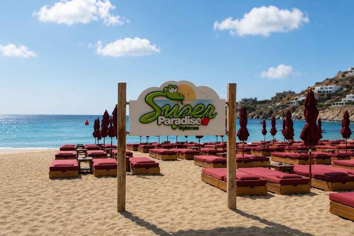 Famous Super Paradise Beach Club overlooking turquoise waters and golden sand experienced during a Mykonos Tours excursion