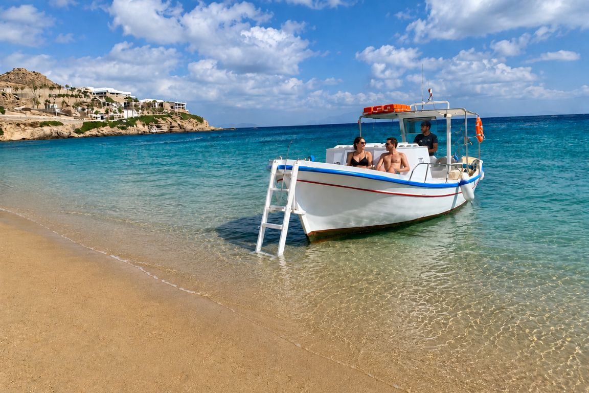 Passengers arriving by water taxi at a picturesque Mykonos beach with crystal-clear sea and stunning coastal scenery during a Mykonos Tours adventure